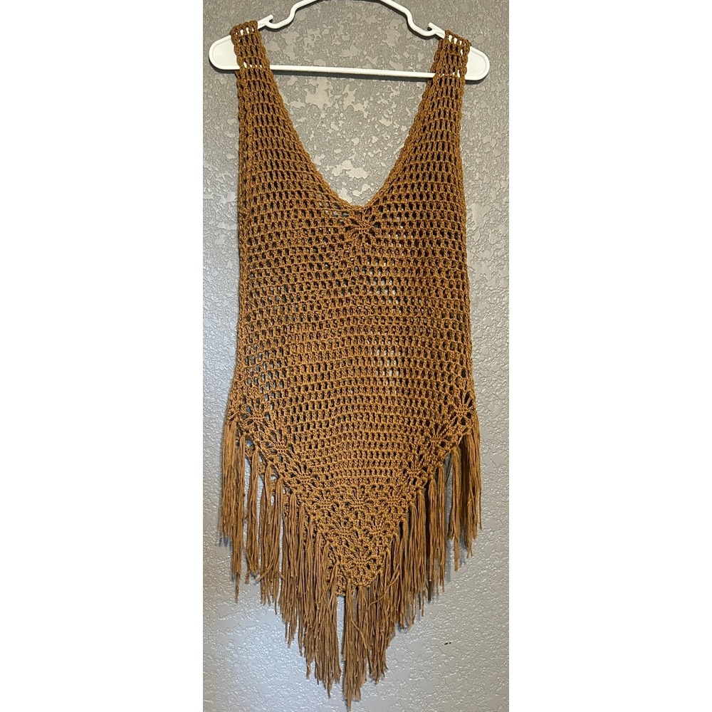 Boho‎ Crochet Knit Fringe Tank Top Brown Festival Sleeveless S Country Cowgirl